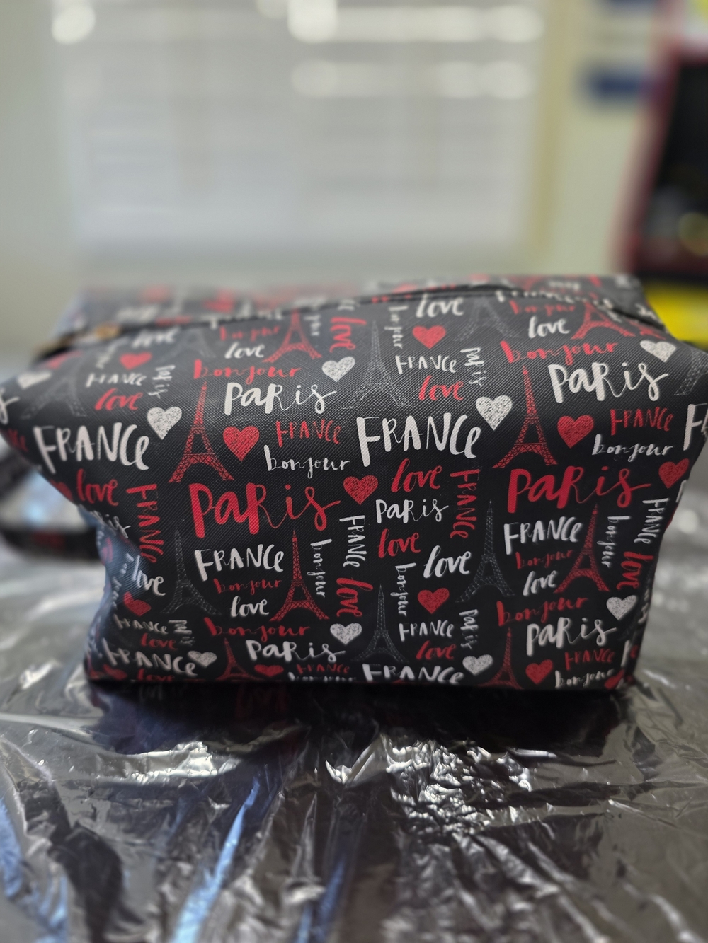 Paris-themed Cosmetic Pouch — Black, Red & White Print